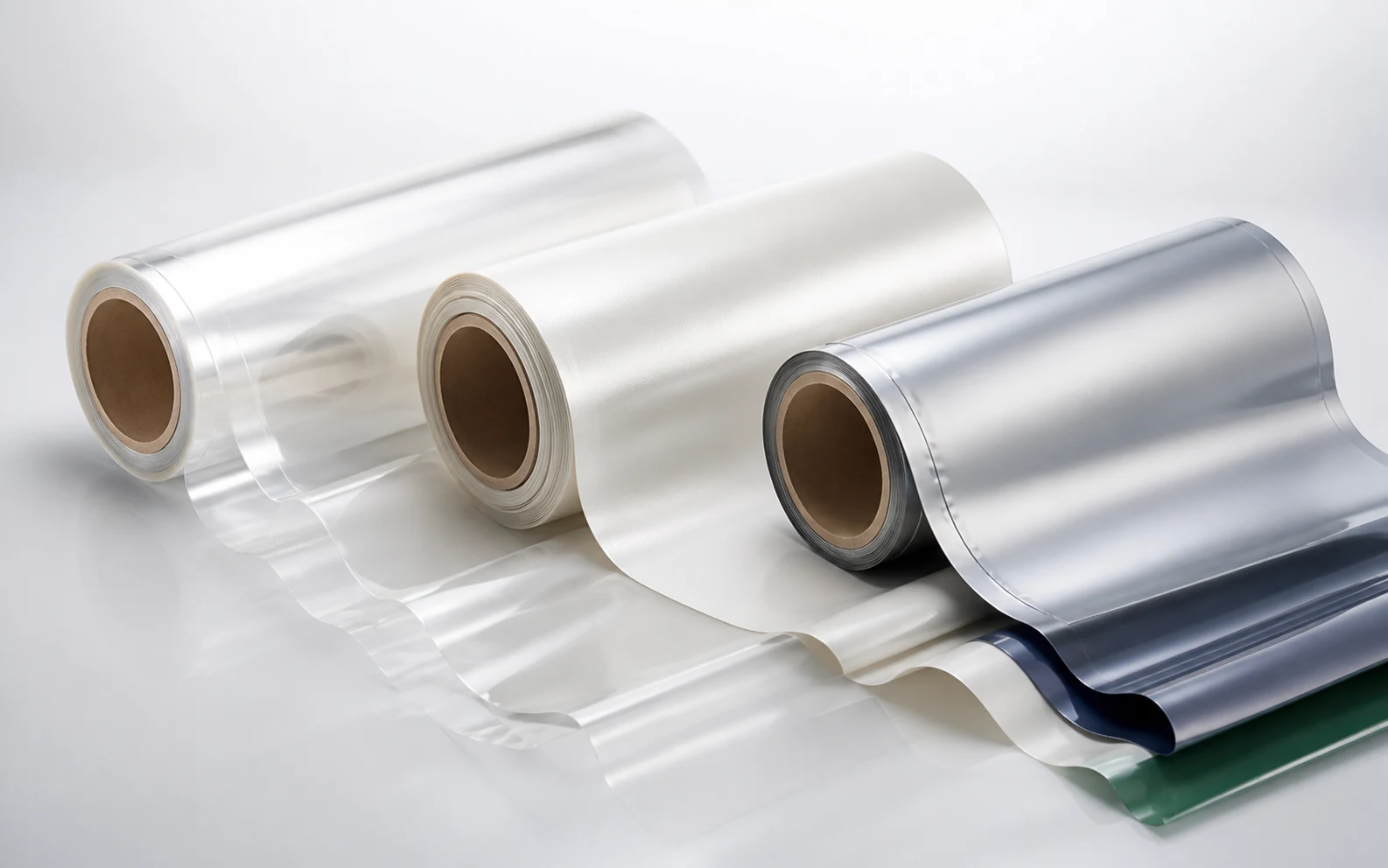 Clear and metallised flexible packaging film rolls representing different barrier performances