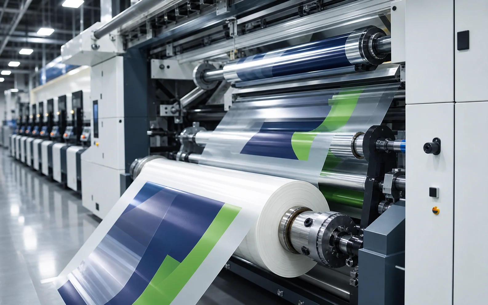 Printed colour packaging webs running through a modern flexographic press