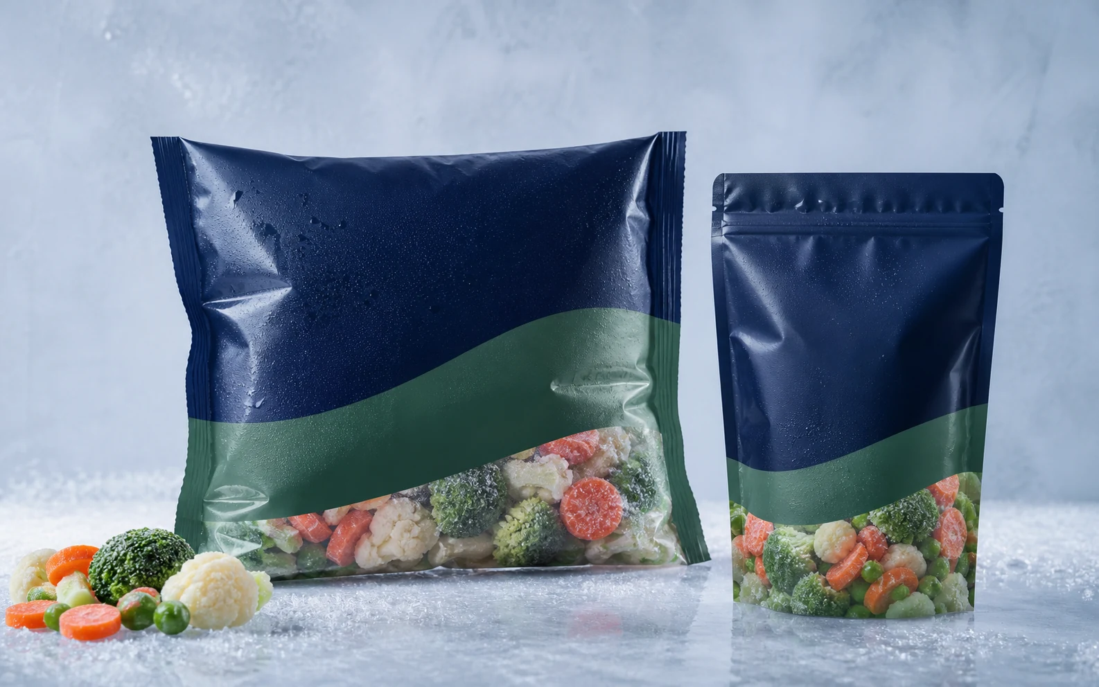 Durable flexible packs for frozen fruit and vegetables on an icy surface