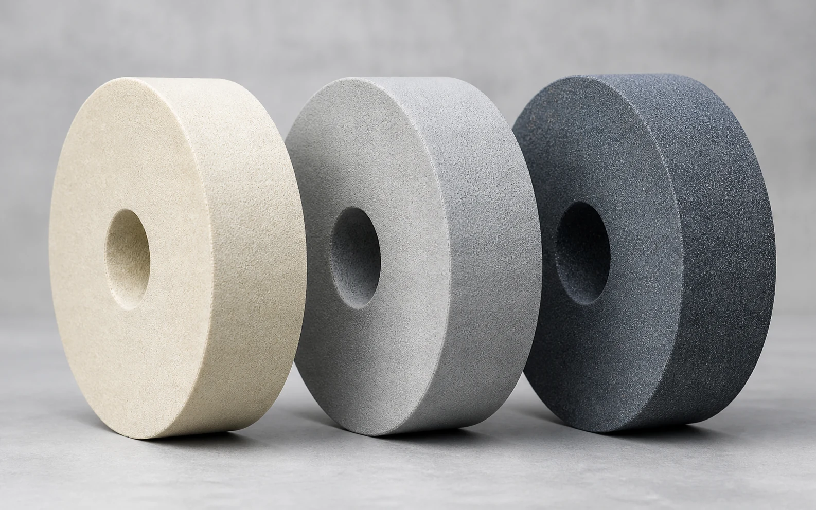 Three thick industrial cylinder grinding stones with standard circular bodies
