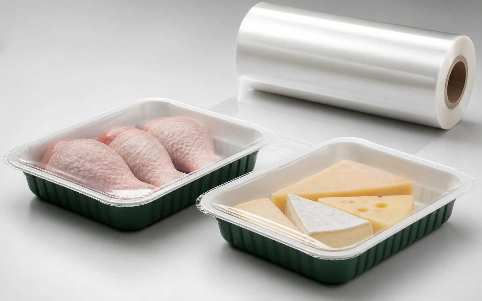 Food trays sealed with clear lidding film beside a thermoforming bottom-film roll