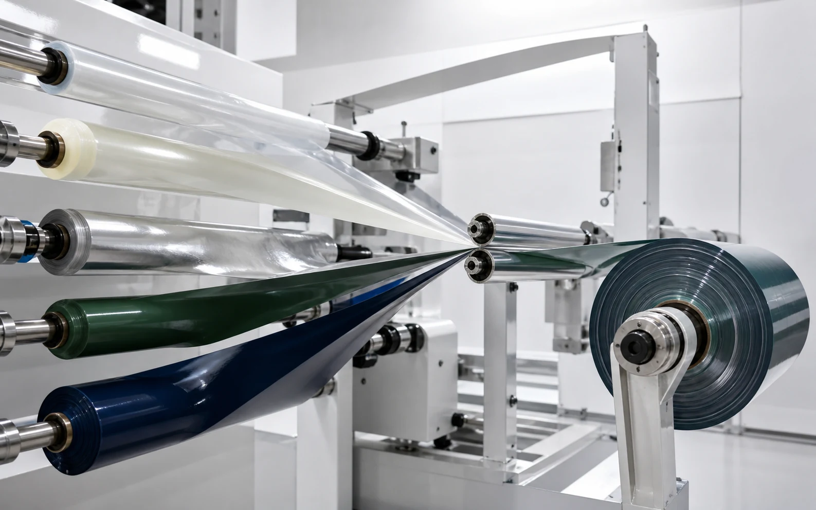 Film rolls showing a multilayer flexible packaging structure and lamination line