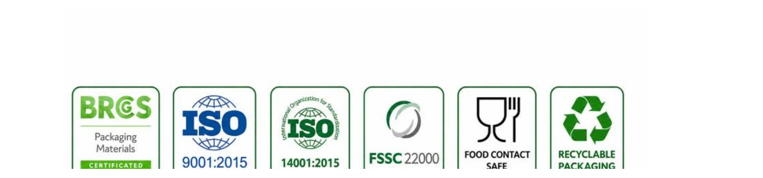 BRCGS, ISO 9001, ISO 14001, FSSC 22000, gıda teması ve geri dönüşüm işaretleri